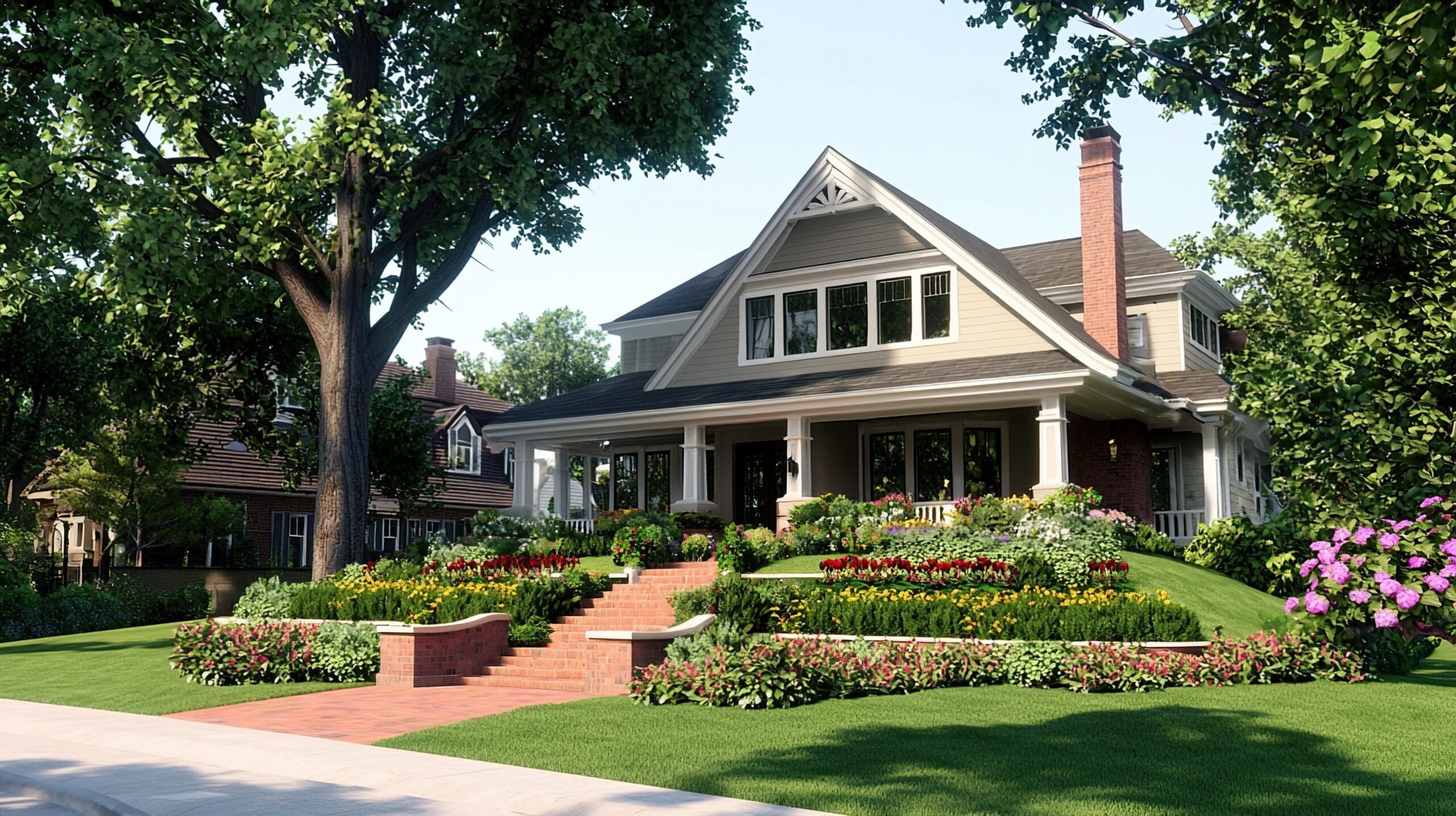 https://s.mj.run/MWm9GZBrvYU A photograph of an elegant home in the suburbs, featuring classic architecture and beautifully manicured landscaping. The house is beige with white trim accents, showcasing large windows that allow natural light to filter through. A red brick porch adds contrast against the green trees, while colorful flower beds add color to the front yard. This scene captures the essence of American suburban elegance. unreal engine,hyper real,hyper detailed,32k,UHD,Clean picture,no words or letters. --chaos 15 --ar 16:9 --style raw --stylize 50 --v 6.1 Job ID: 6a3c37ec-82f2-46c3-9ec2-33d9f2c014c7