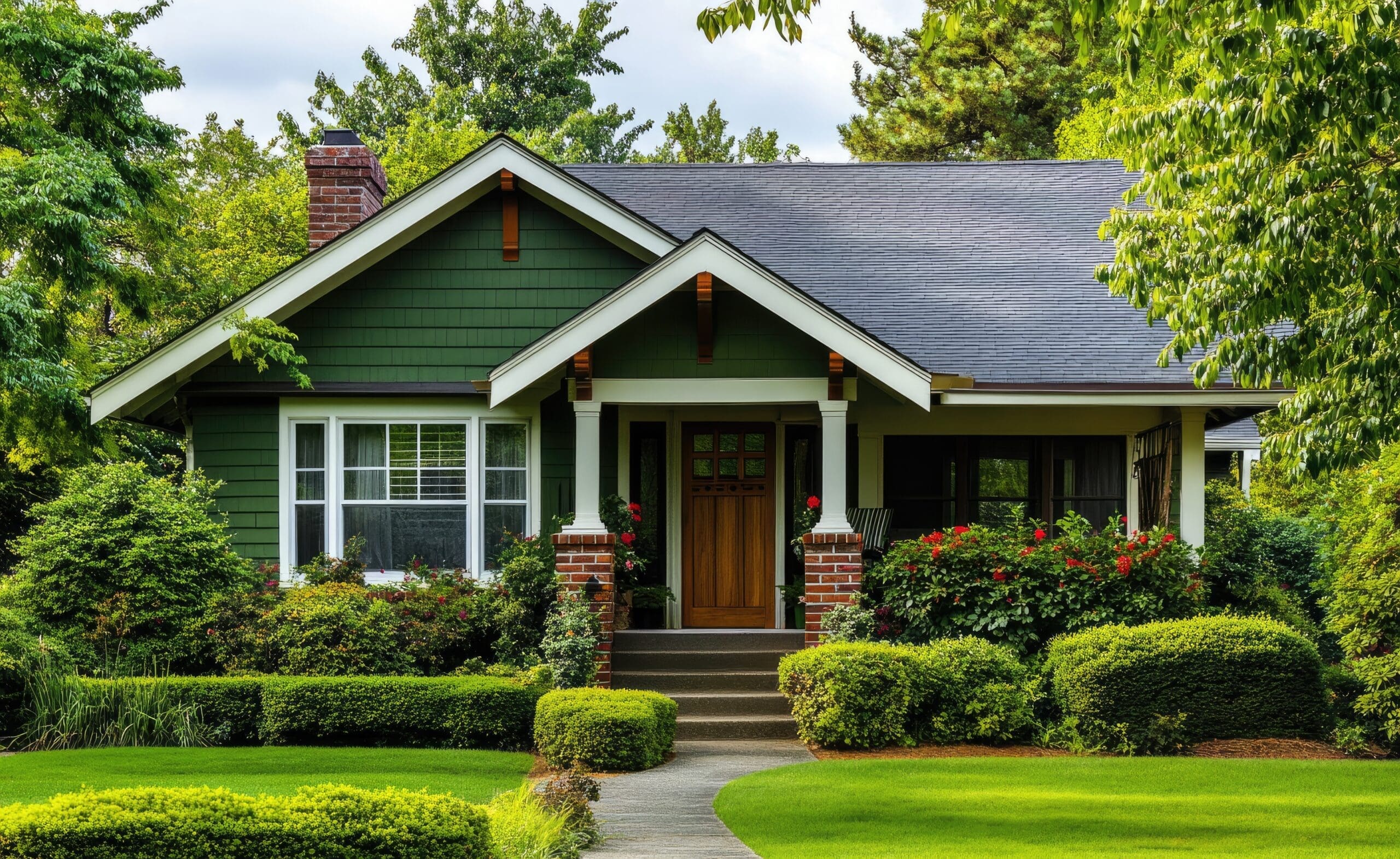 A green Craftsman-style home in the woods of Georgia, with a small front yard featuring bushes and hedges