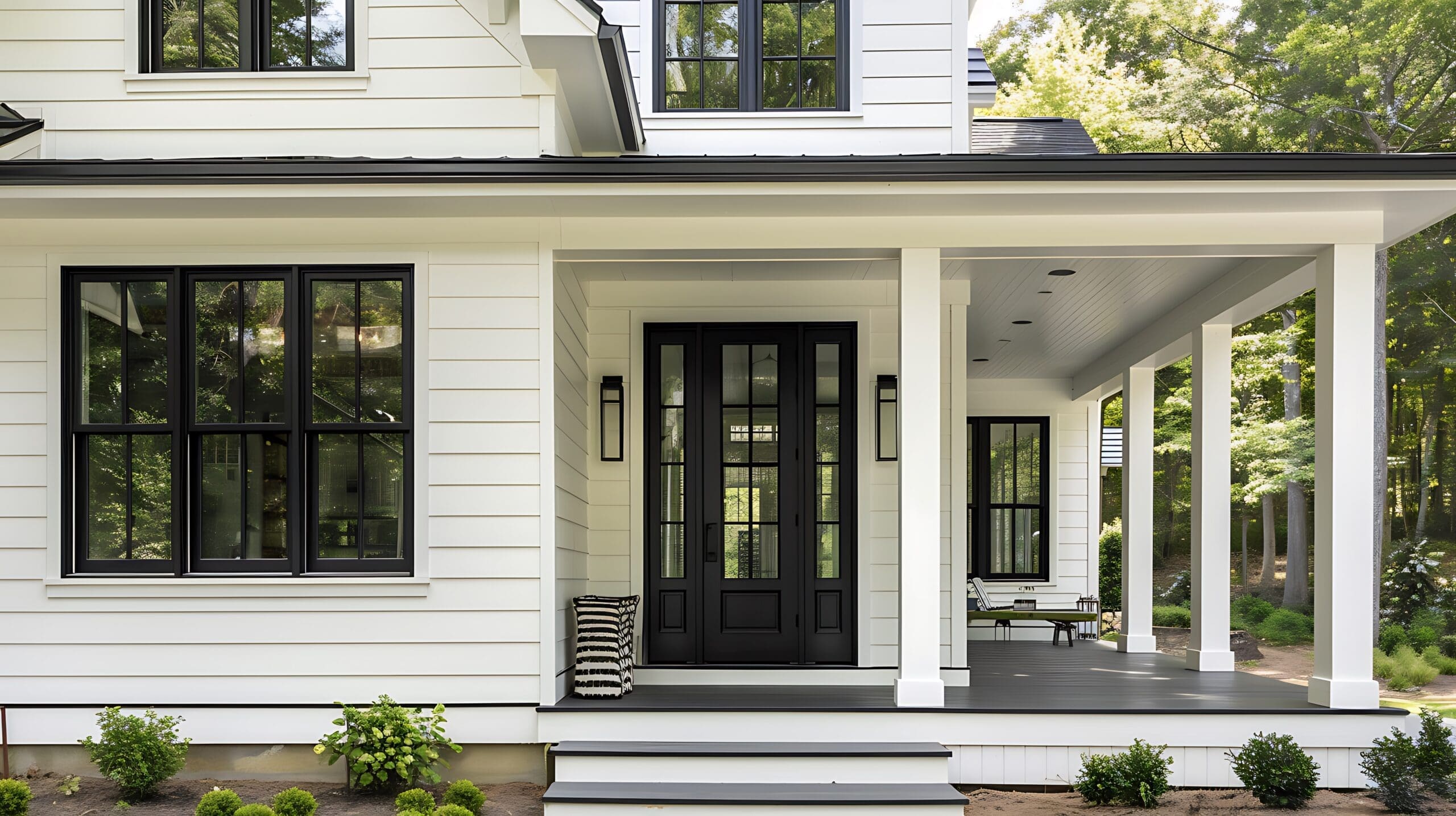 bold black door on a modern farmhouse with white siding and black windows, surrounded by a wrap-around porch